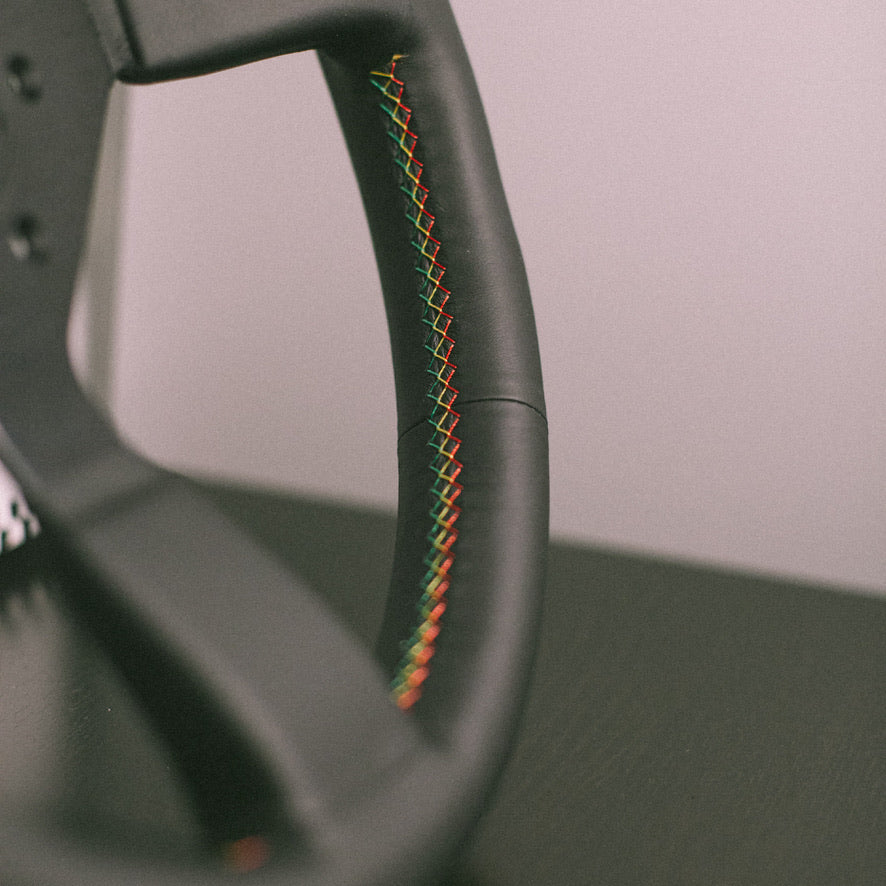 PERSONAL Grinta 350mm Steering Wheel (Black Leather / Red Yellow Green Stitching)